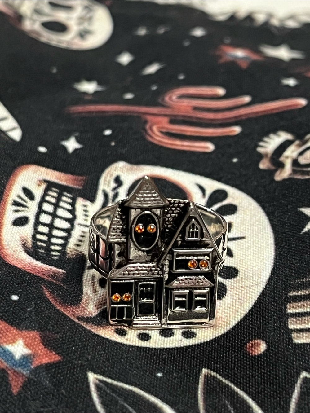 Silver Haunted House Ring with Orange Accents - Home Holiday